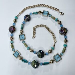 Gold Tone Blue AB Glass Beaded Long Boho Necklace Statement Classic